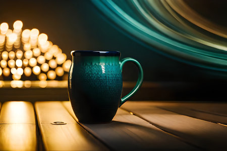 Coffee cup on wooden table with colorful bokeh background.の素材
