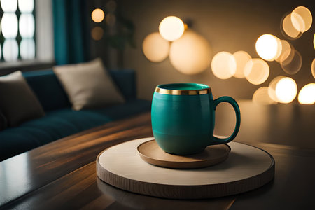 Coffee cup on wooden table in cafe with bokeh backgroundの素材