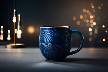 Blue cup of coffee on wooden table in dark room with bokeh lightsの素材