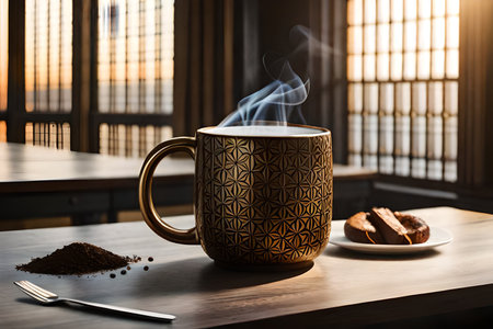 Cup of coffee with steam on the table in coffee shop.の素材