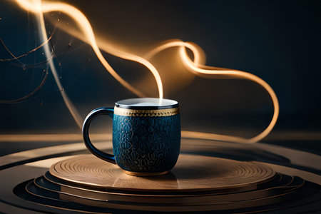 Cup of coffee with smoke on dark background. 3d renderingの素材