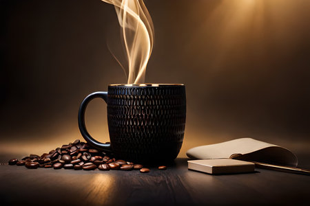 Coffee cup and coffee beans on wooden table with light.の素材