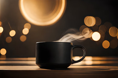 Black cup of coffee on wooden table and bokeh background.の素材