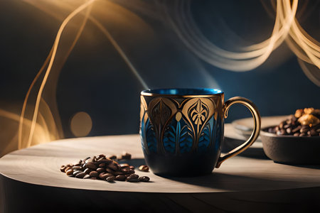 Coffee cup and coffee beans on a wooden table. Coffee backgroundの素材