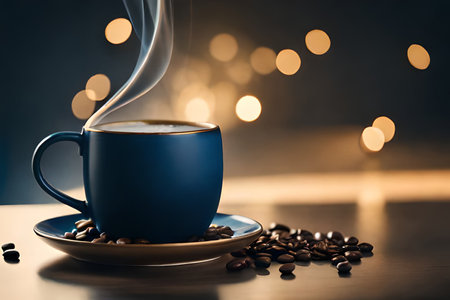 Coffee cup and coffee beans on wooden table with bokeh backgroundの素材