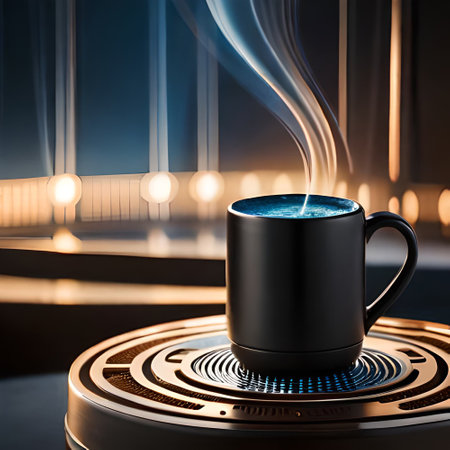 Cup of hot coffee on the table in the dark room.の素材
