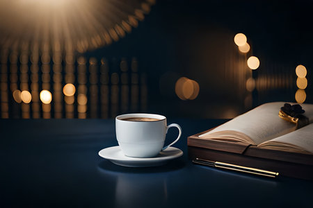 Coffee cup and book on the table with bokeh backgroundの素材