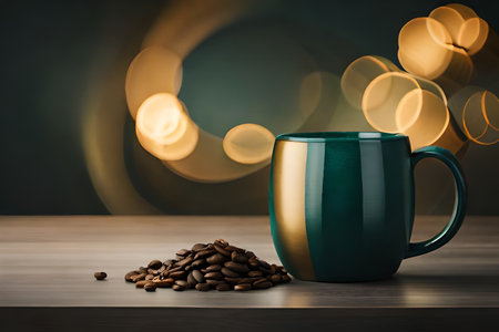 Coffee cup and coffee beans on wooden table with bokeh backgroundの素材