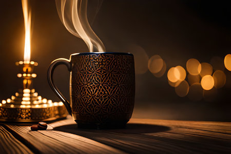 Cup of hot coffee on wooden table with candle and bokeh backgroundの素材