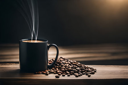 Coffee cup and coffee beans on wooden table with copy spaceの素材