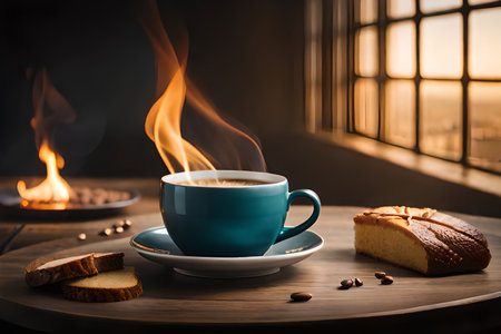 Hot coffee in a blue cup on the background of the window.の素材