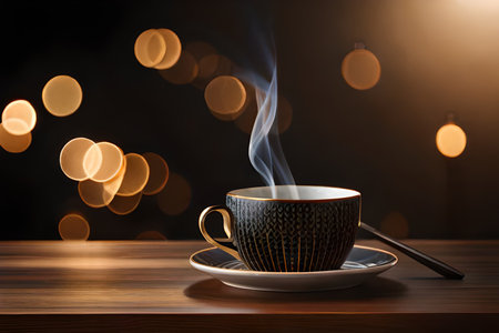 Cup of coffee on wooden table in front of bokeh lightsの素材