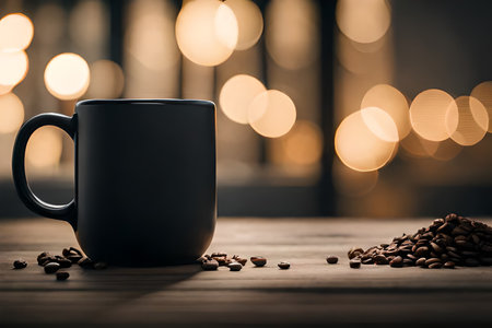 Coffee cup and coffee beans on wooden table with bokeh backgroundの素材