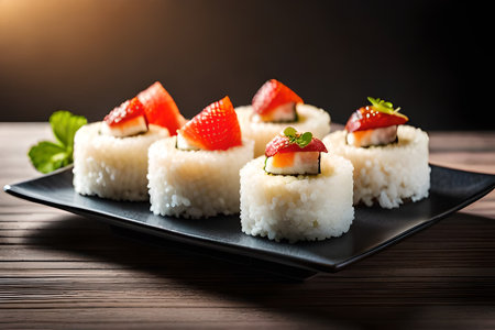 Sushi rolls on a black plate on a wooden table, horizontal photoの素材
