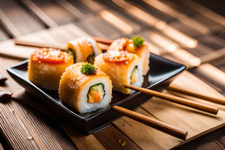 Sushi rolls on a black plate with chopsticks on a wooden tableの素材