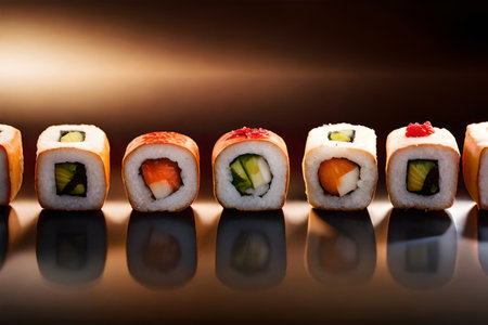 Sushi rolls with salmon, avocado, cucumber and tobiko caviarの素材