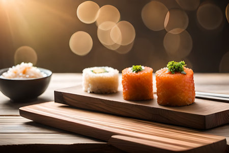 Sushi rolls on wooden board with chopsticks and bokeh backgroundの素材