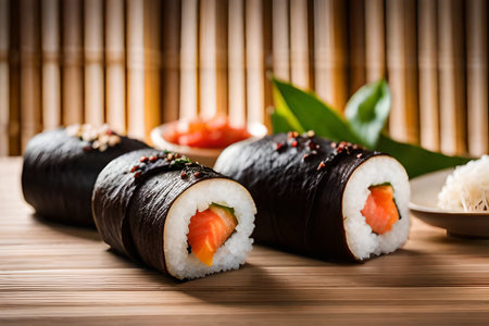 Sushi roll with salmon, ginger and soy sauce on bamboo backgroundの素材