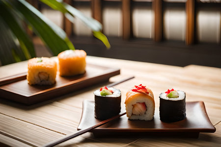 Sushi set on a wooden plate with chopsticks and green leafの素材