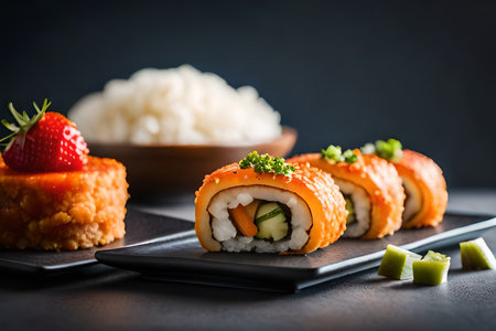Sushi roll with salmon, avocado, cucumber and cream cheese on dark backgroundの素材