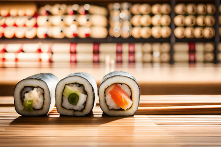 Sushi rolls on a wooden table in a Japanese restaurant. Shallow depth of fieldの素材