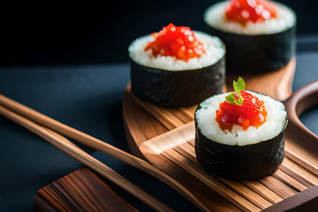 Sushi rolls with red caviar on black background. Japanese foodの素材
