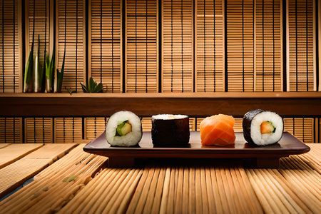Sushi set on wooden background. Japanese food restaurant menu design conceptの素材