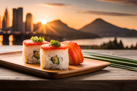 Sushi roll on wooden plate with sunset background, Japanese food.の素材