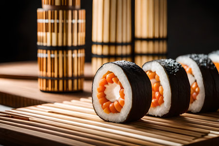 Sushi roll with salmon, caviar and cream cheese on bamboo matの素材