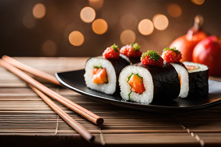 Sushi roll with salmon, cream cheese, cucumber and red caviar on black plate with chopsticks.の素材