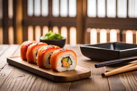 sushi roll with salmon, avocado and cucumber on wooden backgroundの素材