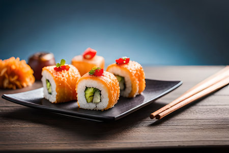 Sushi rolls on a plate with chopsticks on a blue backgroundの素材