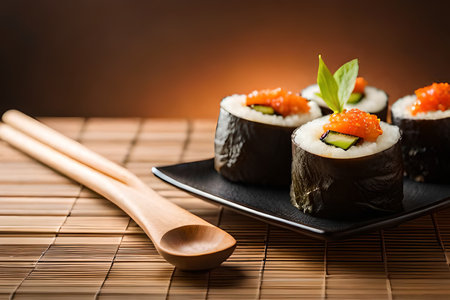 Sushi roll with salmon, avocado and caviar on wooden backgroundの素材