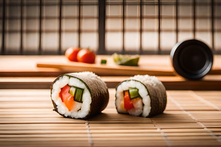 Sushi rolls with salmon, avocado and cucumber on bamboo matの素材