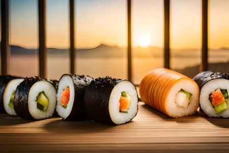 Sushi rolls with salmon, avocado and cucumber on wooden tableの素材