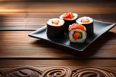 Sushi rolls on a black plate on a brown wooden background.の素材