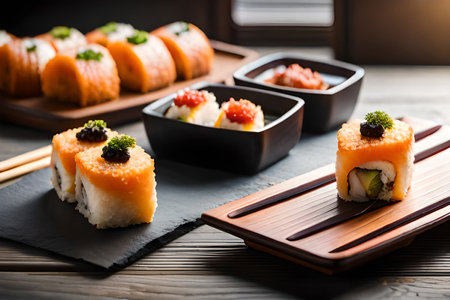 Sushi set on a black background. Sushi rolls with salmon, eel, caviar, caviar and cheese.の素材