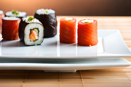 Sushi roll with salmon, avocado and cucumber on white plateの素材