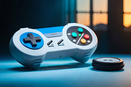 retro video game controller on the table in the light of the setting sunの素材