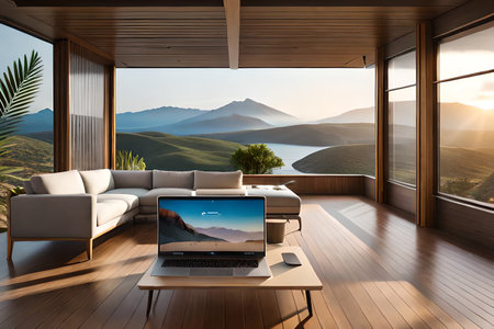 Laptop on a wooden table in a modern living room with a view of the mountainsの素材