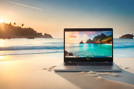 laptop chromebook on the beach , digital nomad concept ,work abroad , freelancer ,remote jobの素材