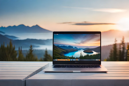 laptop chromebook on the beach , digital nomad concept ,work abroad , freelancer ,remote jobの素材