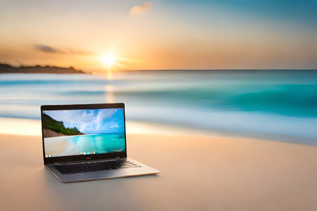 laptop chromebook on the beach , digital nomad concept ,work abroad , freelancer ,remote jobの素材