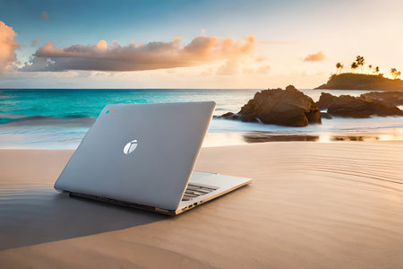 laptop chromebook on the beach , digital nomad concept ,work abroad , freelancer ,remote jobの素材