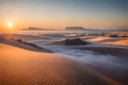 Sunset over the dunes of the desert , sand dunes and warm landscapeの素材