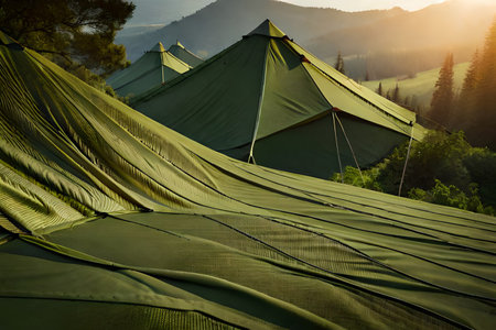 Camping tents in the mountains at sunrise. Camping concept.の素材