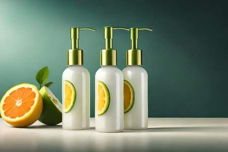 fresh citrus shapoo concept , shower gel bottle product presentation mockupの素材