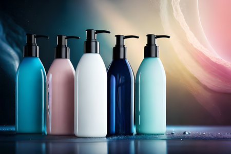 blue cosmetic shampoo bottle concept , shower gel product templateの素材