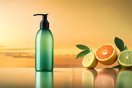 fresh citrus shapoo concept , shower gel bottle product presentation mockupの素材