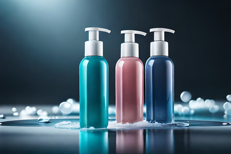 blue cosmetic shampoo bottle concept , shower gel product templateの素材